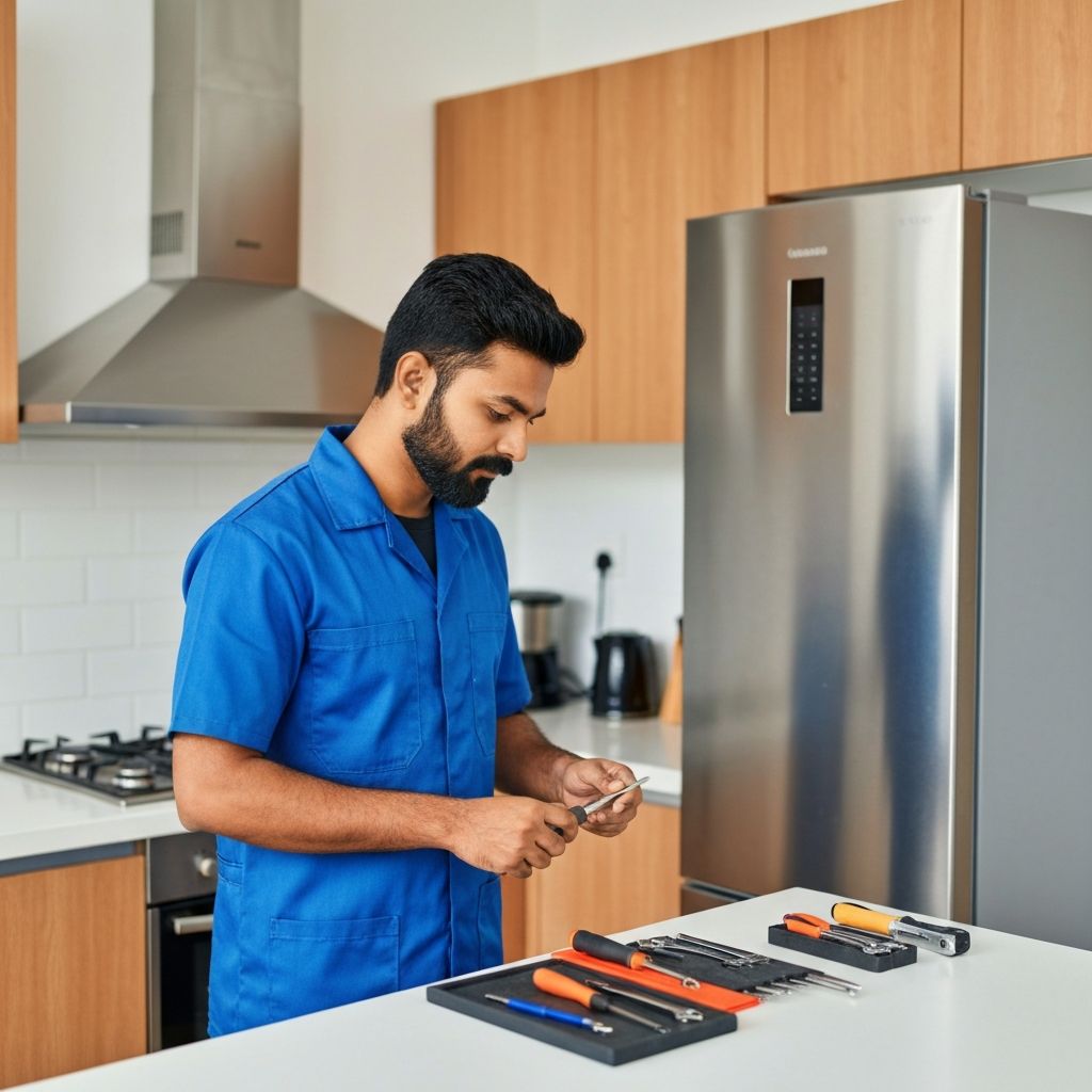 Appliance repair technician at work